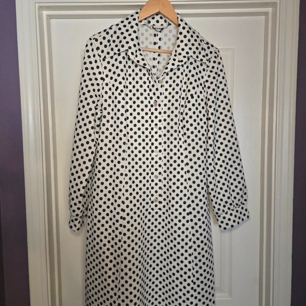 Vintage Hopewell Black & White Polka Dot Dress 70s Mod Long Sleeve A-Line - Picture 2 of 11